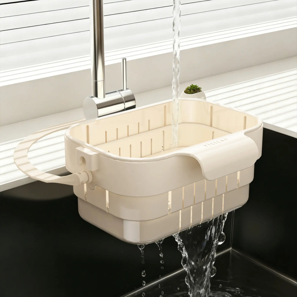Over the Sink Colander Basket, Adjustable Expandable Vegetable Fruit Washing Strainer, Strainers for Kitchen, Plastic Food Draining Drainer Rack, Keep Counter Dry for Kitchen Food Prep