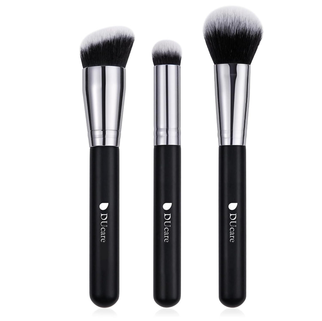 3 Pcs Foundation Contour Blush Conceal Brush Set, Angled Synthetic Kabuki Brush for Blending Setting Buffing with Liquid, Cream and Powder Cosmetic(Black)