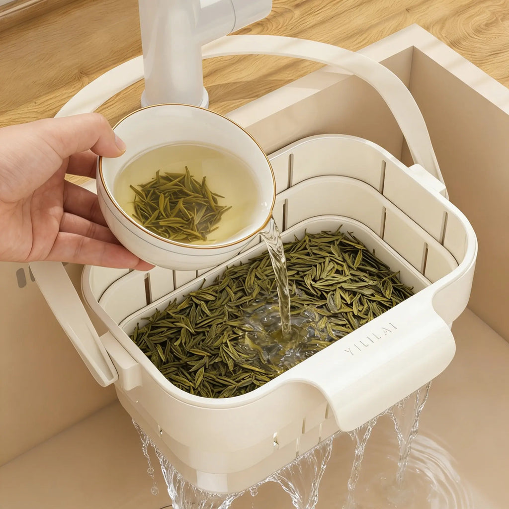 Over the Sink Colander Basket, Adjustable Expandable Vegetable Fruit Washing Strainer, Strainers for Kitchen, Plastic Food Draining Drainer Rack, Keep Counter Dry for Kitchen Food Prep