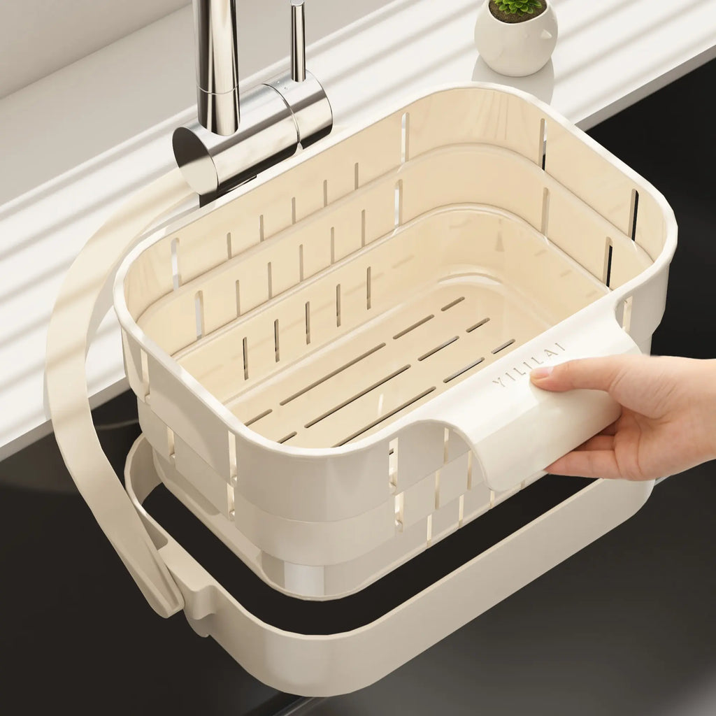 Over the Sink Colander Basket, Adjustable Expandable Vegetable Fruit Washing Strainer, Strainers for Kitchen, Plastic Food Draining Drainer Rack, Keep Counter Dry for Kitchen Food Prep