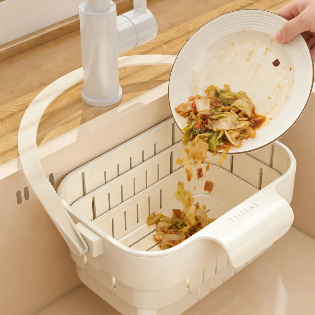 Over the Sink Colander Basket, Adjustable Expandable Vegetable Fruit Washing Strainer, Strainers for Kitchen, Plastic Food Draining Drainer Rack, Keep Counter Dry for Kitchen Food Prep