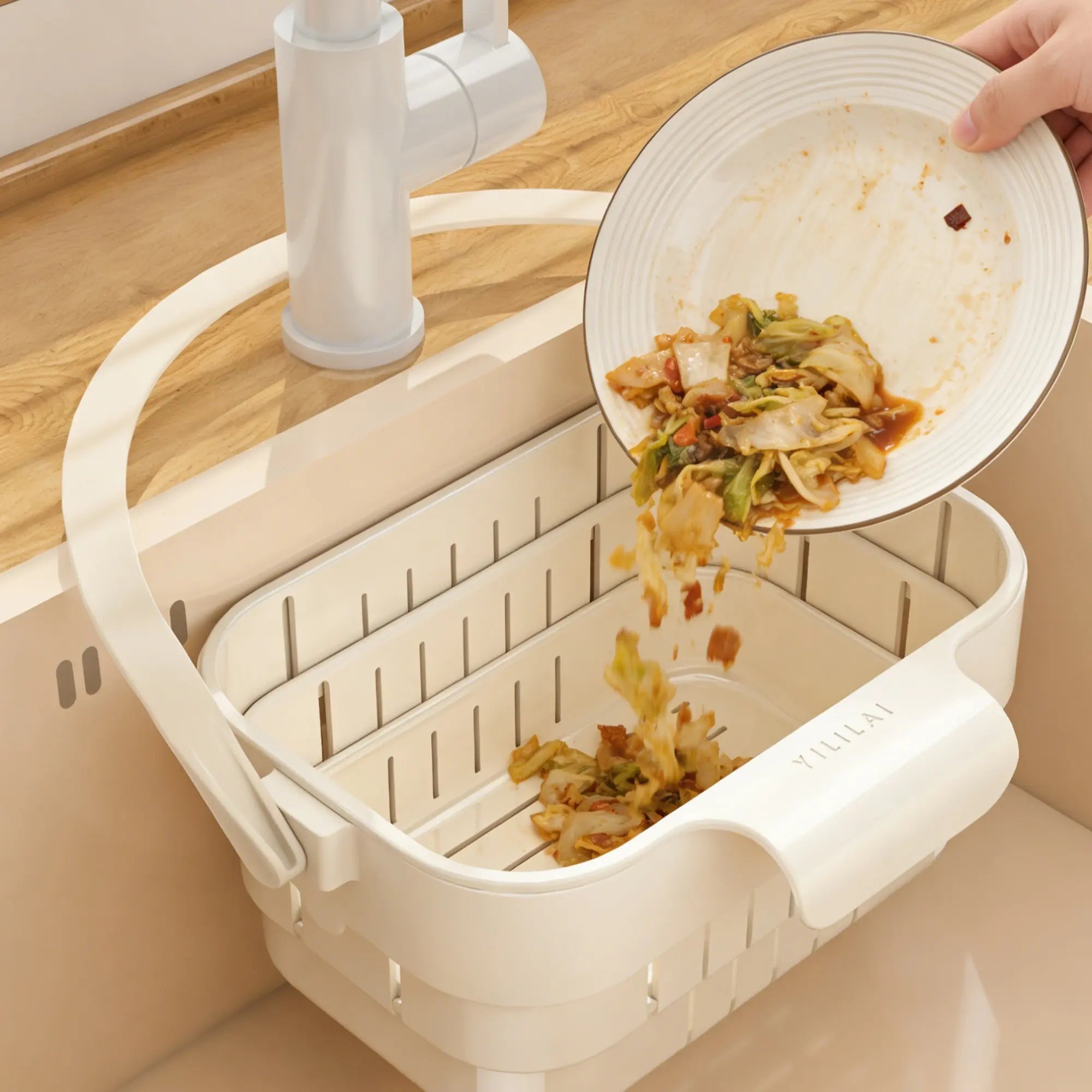 Over the Sink Colander Basket, Adjustable Expandable Vegetable Fruit Washing Strainer, Strainers for Kitchen, Plastic Food Draining Drainer Rack, Keep Counter Dry for Kitchen Food Prep