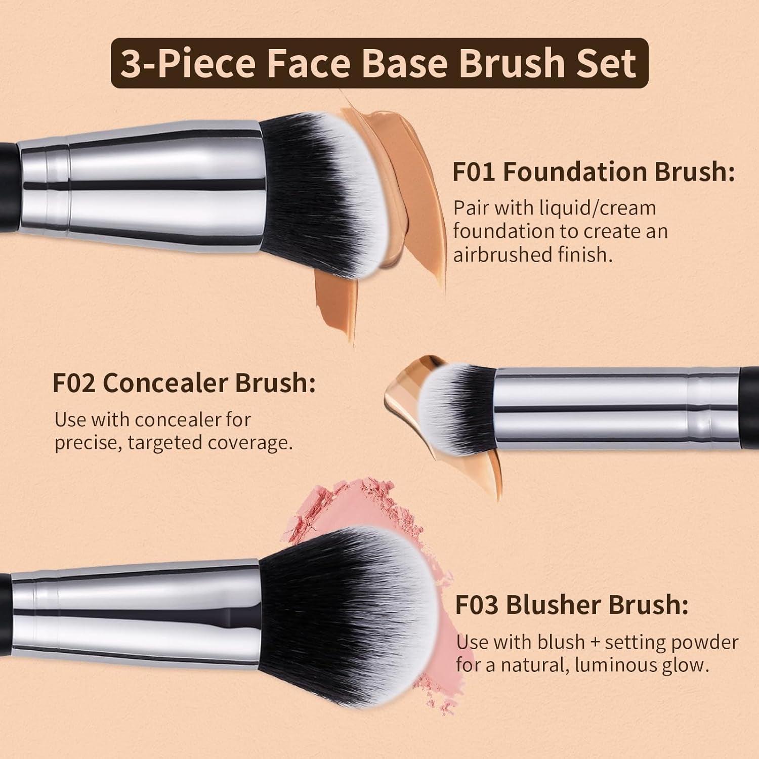3 Pcs Foundation Contour Blush Conceal Brush Set, Angled Synthetic Kabuki Brush for Blending Setting Buffing with Liquid, Cream and Powder Cosmetic(Black)