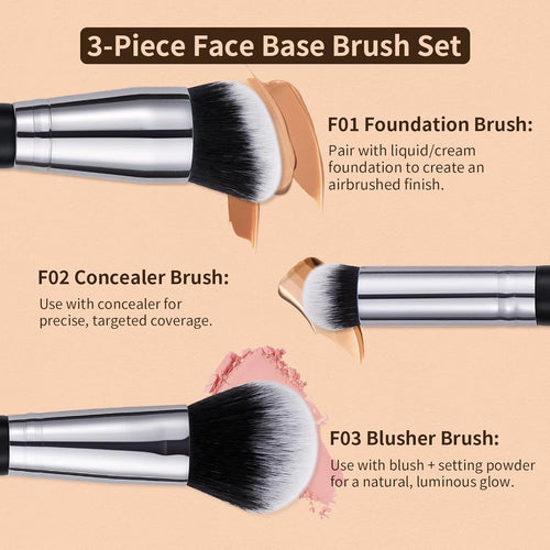 3 Pcs Foundation Contour Blush Conceal Brush Set, Angled Synthetic Kabuki Brush for Blending Setting Buffing with Liquid, Cream and Powder Cosmetic(Black)