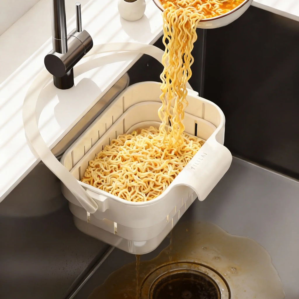 Over the Sink Colander Basket, Adjustable Expandable Vegetable Fruit Washing Strainer, Strainers for Kitchen, Plastic Food Draining Drainer Rack, Keep Counter Dry for Kitchen Food Prep
