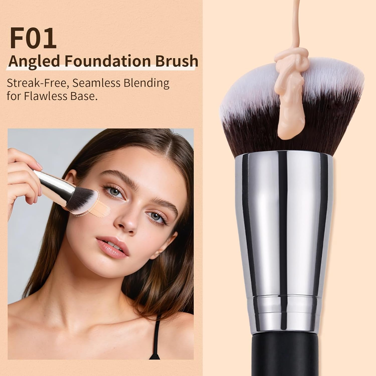 3 Pcs Foundation Contour Blush Conceal Brush Set, Angled Synthetic Kabuki Brush for Blending Setting Buffing with Liquid, Cream and Powder Cosmetic(Black)
