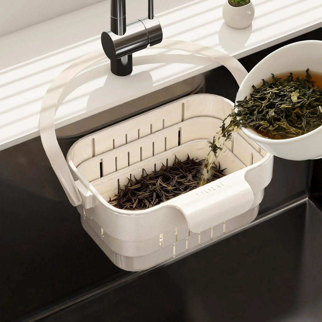 Over the Sink Colander Basket, Adjustable Expandable Vegetable Fruit Washing Strainer, Strainers for Kitchen, Plastic Food Draining Drainer Rack, Keep Counter Dry for Kitchen Food Prep